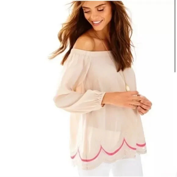 Lilly Pulitzer Silk Cream Blouse with Pink Scalloped Edges (Off the Shoulder) - Picture 1 of 8